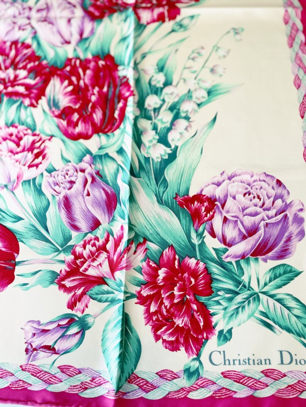 Vintage Christian Dior Silk Floral Scarf – 90cm / 35" Square – Made in Japan - Picture 6 of 16